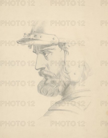 Man's head with a helmet, 1879.