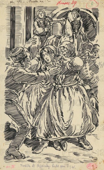 6.- Kidnapping, 1936. Additional Info: Illustration for the book by J.Niznansky cachticka pani, published by L.Mazac, Prague 1936 - 10 illus.