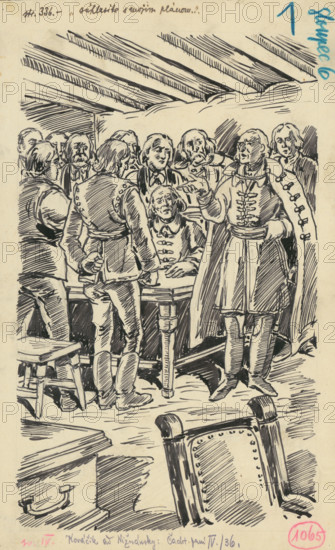 1.- The Council, 1936. Additional Info: Illustration for the book by J.Niznansky cachticka pani, published by L.Mazac, Prague 1936 - 10 illus.