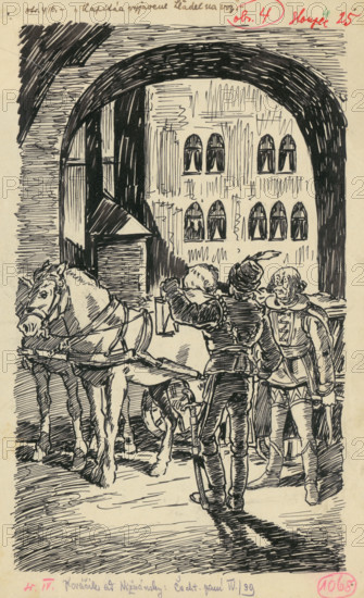 4.- Night arrival, 1936. Additional Info: Illustration for the book by J.Niznansky cachticka pani, published by L.Mazac, Prague 1936 - 10 illus.