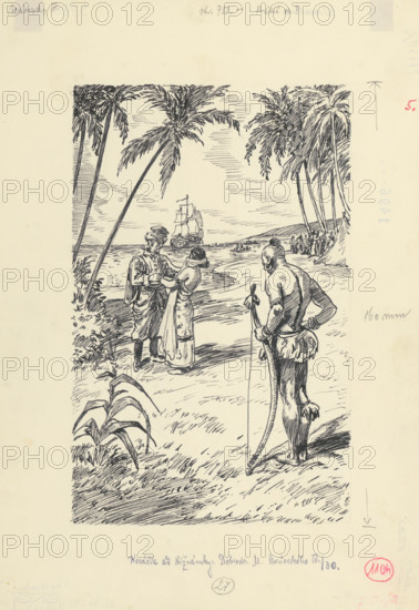 5.-Will you come back?, 1953. Additional Info: Illustration for the novel by J.Niznansky The Adventures of Moric Benovsky, published by L.Mazac, Prague 1953 - 32 illus.
