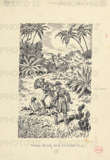 7.- Why are you beating her?, 1953. Additional Info: Illustration for the novel by J.Niznansky The Adventures of Moric Benovsky, published by L.Mazac, Prague 1953 - 32 illus.