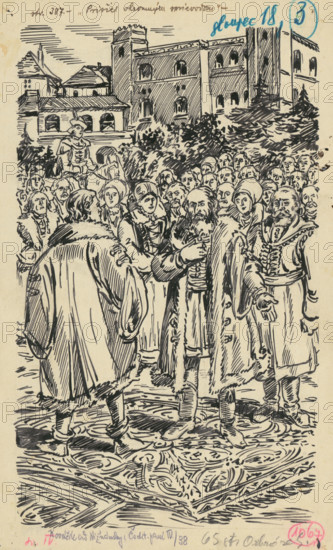 3.- A crowd in front of the palace, 1936. Additional Info: Illustration for the book by J.Niznansky cachticka pani, published by L.Mazac, Prague 1936 - 10 illus.