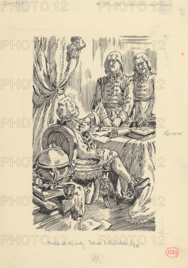 20.- It was a fast-paced interrogation, 1953. Additional Info: Illustration for the novel by J.Niznansky The Adventures of Moric Benovsky, published by L.Mazac, Prague 1953 - 32 illus.