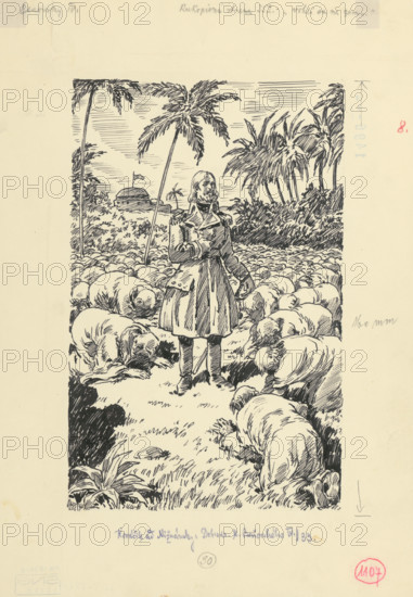 8.- They threw themselves on the ground, 1953. Additional Info: Illustration for the novel by J.Niznansky The Adventures of Moric Benovsky, published by L.Mazac, Prague 1953 - 32 illus.