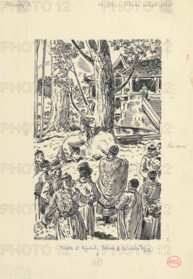 3.- A shot rang out through the garden.., 1953. Additional Info: Illustration for the novel by J.Niznansky The Adventures of Moric Benovsky, published by L.Mazac, Prague 1953 - 32 illus.
