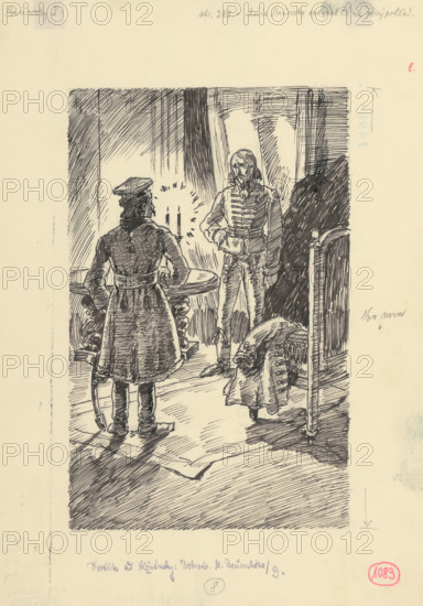 32.- Moric recognized him at first sight, 1953. Additional Info: Illustration for the novel by J.Niznansky The Adventures of Moric Benovsky, published by L.Mazac, Prague 1953 - 32 illus.