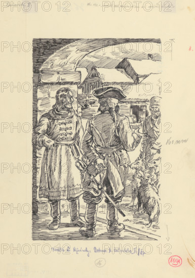 24.- He couldn't believe his eyes or his ears, 1953. Additional Info: Illustration for the novel by J.Niznansky The Adventures of Moric Benovsky, published by L.Mazac, Prague 1953 - 32 illus.