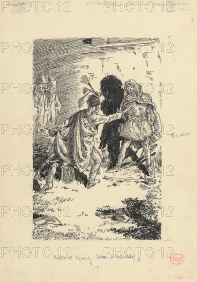 27.- He stared with a bloodied face and wide eyes, 1953. Additional Info: Illustration for the novel by J.Niznansky The Adventures of Moric Benovsky, published by L.Mazac, Prague 1953 - 32 illus.