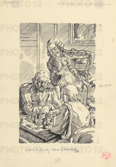 23.- Kolosov thought long and hard about each move, 1953. Additional Info: Illustration for the novel by J.Niznansky The Adventures of Moric Benovsky, published by L.Mazac, Prague 1953 - 32 illus.