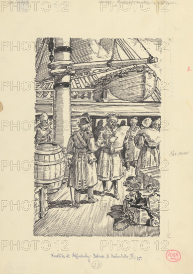 16.- Benovsky read the inventory with satisfaction, 1953. Additional Info: Illustration for the novel by J.Niznansky The Adventures of Moric Benovsky, published by L.Mazac, Prague 1953 - 32 illus.