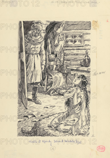 22.- She stared at him in horror for a short moment, 1953. Additional Info: Illustration for the novel by J.Niznansky The Adventures of Moric Benovsky, published by L.Mazac, Prague 1953 - 32 illus.
