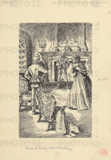 31.-Moric Benovsky and Zuzana Hanska faced each other, 1953. Additional Info: Illustration for the novel by J.Niznansky The Adventures of Moric Benovsky, published by L.Mazac, Prague 1953 - 32 illus.