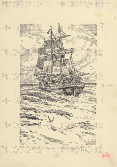 21.- And the ship rushed from the father's bay to the sea, 1953. Additional Info: Illustration for the novel by J.Niznansky The Adventures of Moric Benovsky, published by L.Mazac, Prague 1953 - 32 illus.