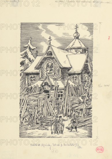 15.- There were over a thousand old men, women and children in the church, 1953. Additional Info: Illustration for the novel by J.Niznansky The Adventures of Moric Benovsky, published by L.Mazac, Prague 1953 - 32 illus.
