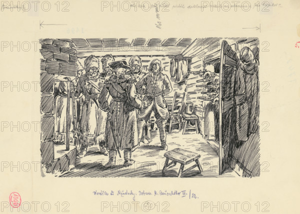 13.- Five Rifles of Five Conspirators Aimed at the Ataman and His Cossacks, 1953. Additional Info: Illustration for the novel by J.Niznansky The Adventures of Moric Benovsky, published by L.Mazac, Prague 1953 - 32 illus.