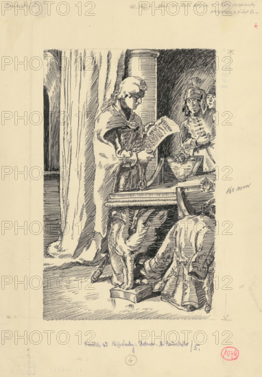 28.-He stood at the table holding an unrolled parchment in his hands and reading it, 1953. Additional Info: Illustration for the novel by J.Niznansky The Adventures of Moric Benovsky, published by L.Mazac, Prague 1953 - 32 illus.