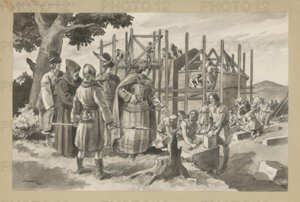 Pribina builds a Christian church in Nitra, 1937.