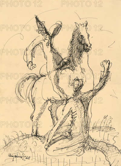 Two clowns with a horse, 1938.
