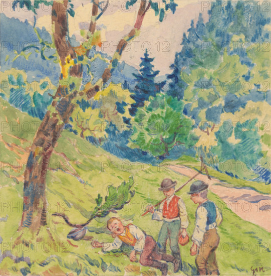 12.- Three Boys at the Edge of the Forest, 1932. Additional Info: Illustrations for the book - August Horislav skultéty. Speeches. Bratislava : Viktor Sekey, [1932].