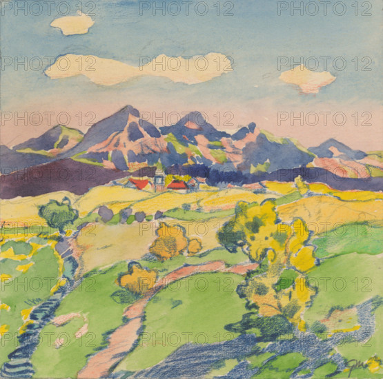 8.- View of a foothill village in the meadows, 1932. Additional Info: Illustrations for the book - August Horislav skultéty. Speeches. Bratislava : Viktor Sekey, [1932].