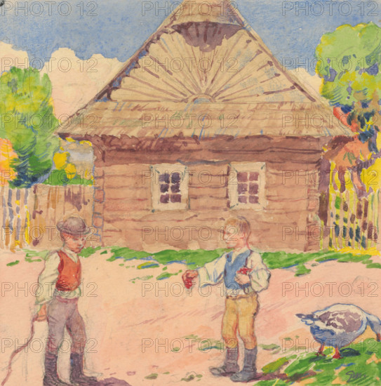 13.- Two Boys in Front of the Wooden House, 1932. Additional Info: Illustrations for the book - August Horislav skultéty. Speeches. Bratislava : Viktor Sekey, [1932].