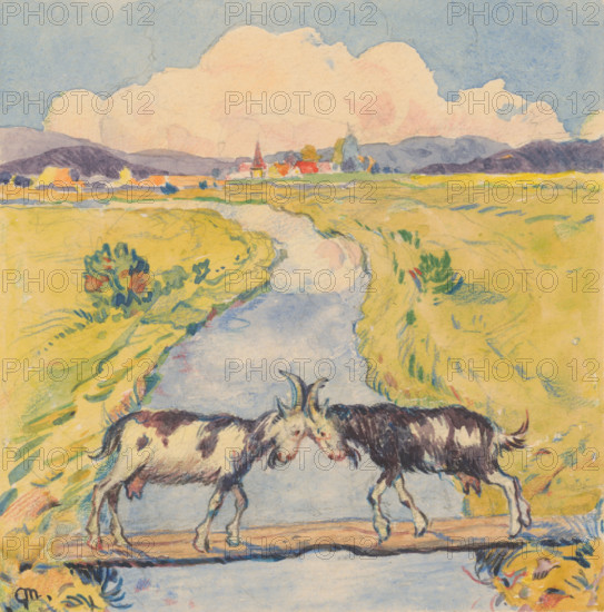 17.- Meeting of two goats on a narrow footbridge over a stream, 1932. Additional Info: Illustrations for the book - August Horislav skultéty. Speeches. Bratislava : Viktor Sekey, [1932].