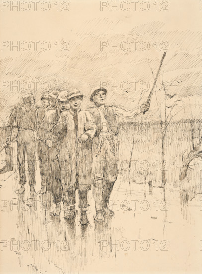 Drunk men walking in the rain, 1880-1900.