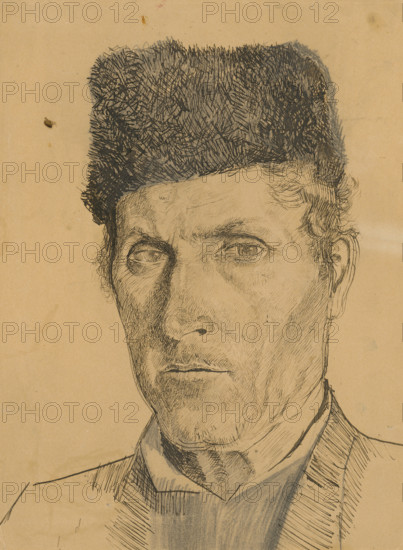 Man's head in a sheepskin coat, 1885-1890.