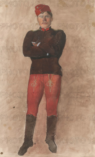 Standing soldier with folded arms, 1880-1910.