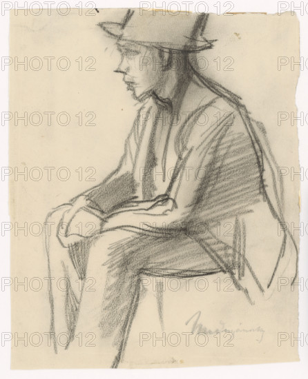 Study of a seated man in a hat, around 1900.