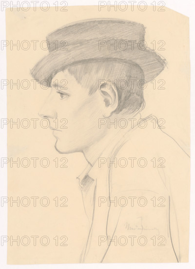 Profile of a young man in a round dark hat, 1880-1910.