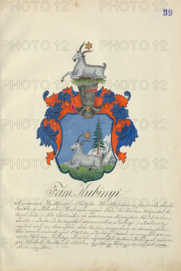 Coat of arms of the Kubinyi family, 1904. Additional Info: Adolf Medzihradsky's manuscript album arvamegyei nemesi csaladok cimerei 1755-1842 (Coats of arms of the gentry families of Orava County)
