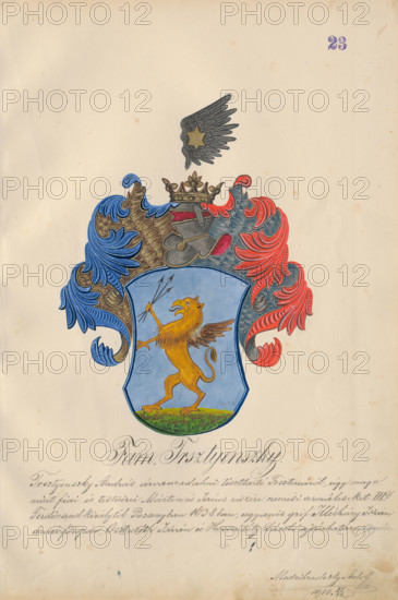 Coat of arms of the Trstenska family, 1904. Additional Info: Adolf Medzihradsky's manuscript album arvamegyei nemesi csaladok cimerei 1755-1842 (Coats of arms of the gentry families of Orava County)