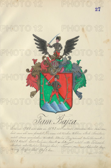 Coat of arms of the Bajz family, 1904-1910. Additional Info: Adolf Medzihradsky's manuscript album arvamegyei nemesi csaladok cimerei 1755-1842 (Coats of arms of the gentry families of Orava County)