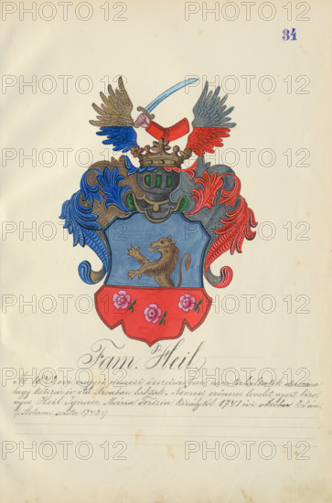 Coat of arms of the Heil family, 1904-1910. Additional Info: Adolf Medzihradsky's manuscript album arvamegyei nemesi csaladok cimerei 1755-1842 (Coats of arms of the gentry families of Orava County)