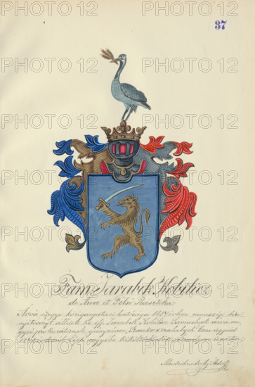 Coat of arms of the Jarabek family, 1904-1910. Additional Info: Adolf Medzihradsky's manuscript album arvamegyei nemesi csaladok cimerei 1755-1842 (Coats of arms of the gentry families of Orava County)