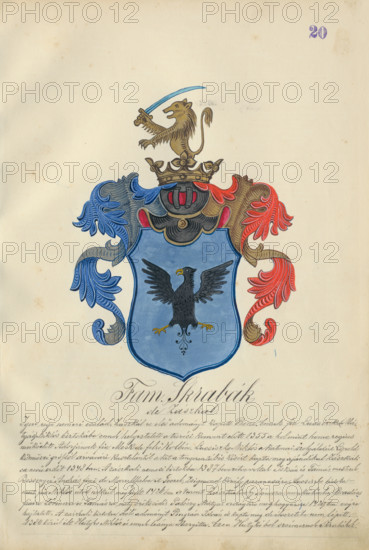Coat of arms of the skrabak family, 1904-1910. Additional Info: Adolf Medzihradsky's manuscript album arvamegyei nemesi csaladok cimerei 1755-1842 (Coats of arms of the gentry families of Orava County)