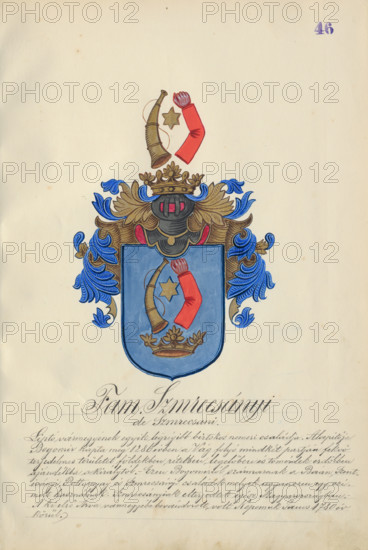 Coat of arms of the Smrecanyi family, 1904-1910. Additional Info: Adolf Medzihradsky's manuscript album arvamegyei nemesi csaladok cimerei 1755-1842 (Coats of arms of the gentry families of Orava County)