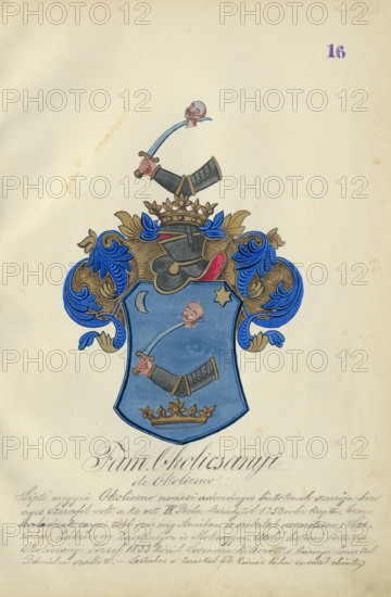 Coat of arms of the Okolicsanyi family, 1904-1910. Additional Info: Adolf Medzihradsky's manuscript album arvamegyei nemesi csaladok cimerei 1755-1842 (Coats of arms of the gentry families of Orava County)