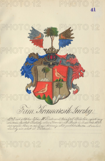 Coat of arms of the Kramarcikova Lucka family, 1904-1910. Additional Info: Adolf Medzihradsky's manuscript album arvamegyei nemesi csaladok cimerei 1755-1842 (Coats of arms of the gentry families of Orava County)