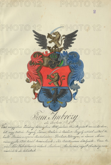 Coat of arms of the Ambrozy family, 1904-1910. Additional Info: Adolf Medzihradsky's manuscript album arvamegyei nemesi csaladok cimerei 1755-1842 (Coats of arms of the gentry families of Orava County) - album of 53 coats of arms.