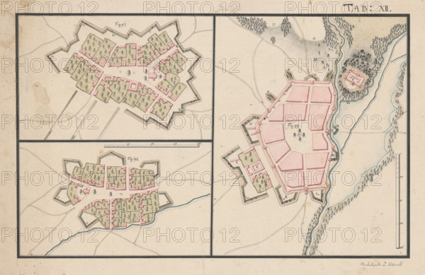 Plans of three settlements with fortifications, 2nd half 18th century.