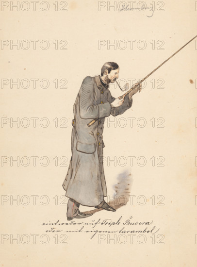 Man in a long military coat with a stick, 1850-1860.