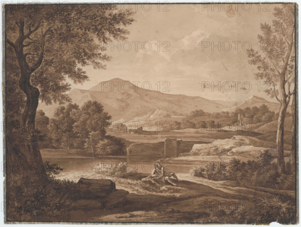 Landscape with ruins and figurative staff, around 1800.