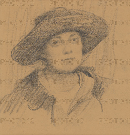 Study of a female head with a hat, around 1918.
