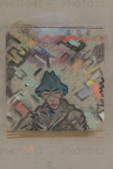 Bust man in a hat with a decorative background, around 1937.