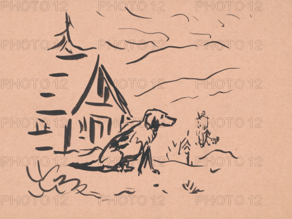 Dog in front of a hut, 1940-1943.