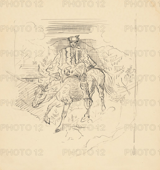 Man in a traditional costume on a horse, c1935.