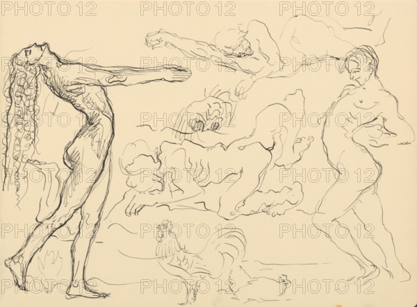 Sketchbook 20 Figures and a Rooster with a Hen, 1st half 20th century.